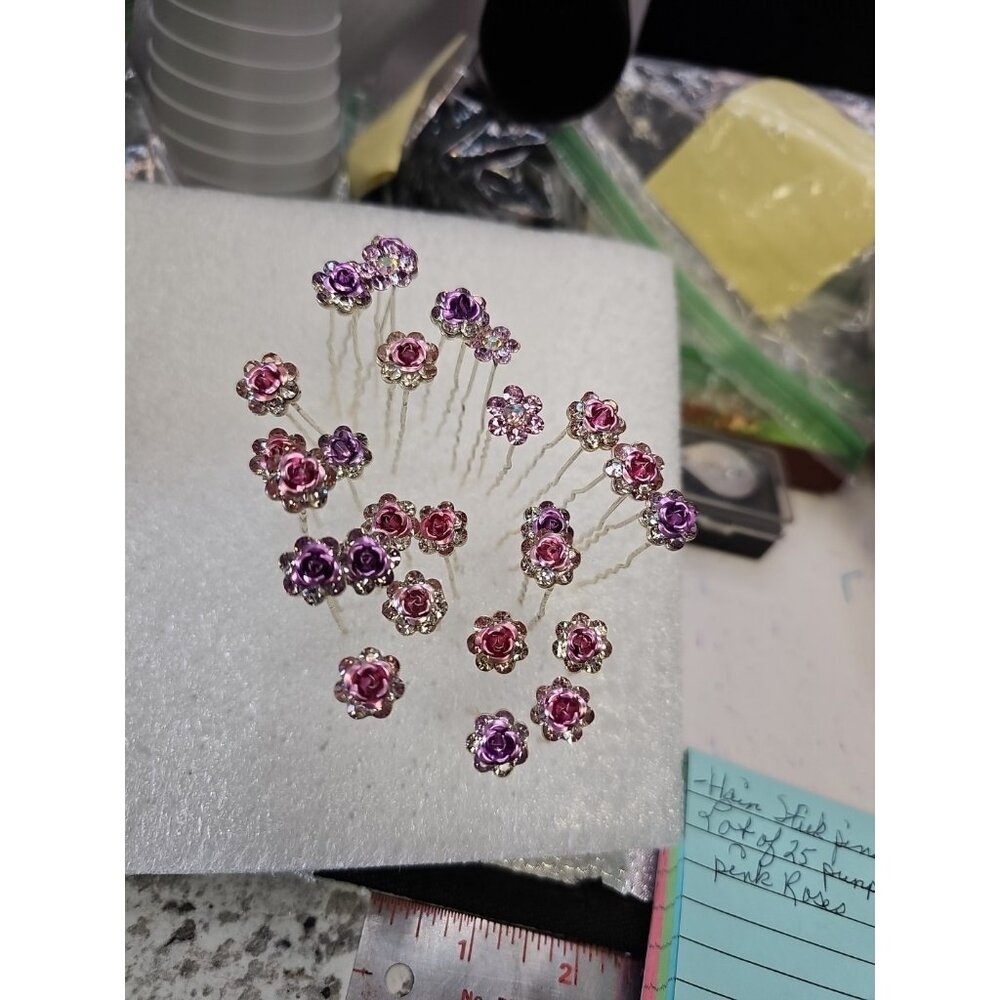 Hair Stick Pins Mixed Lot Of 25 purple & Pink Roses Clear Rhinestones